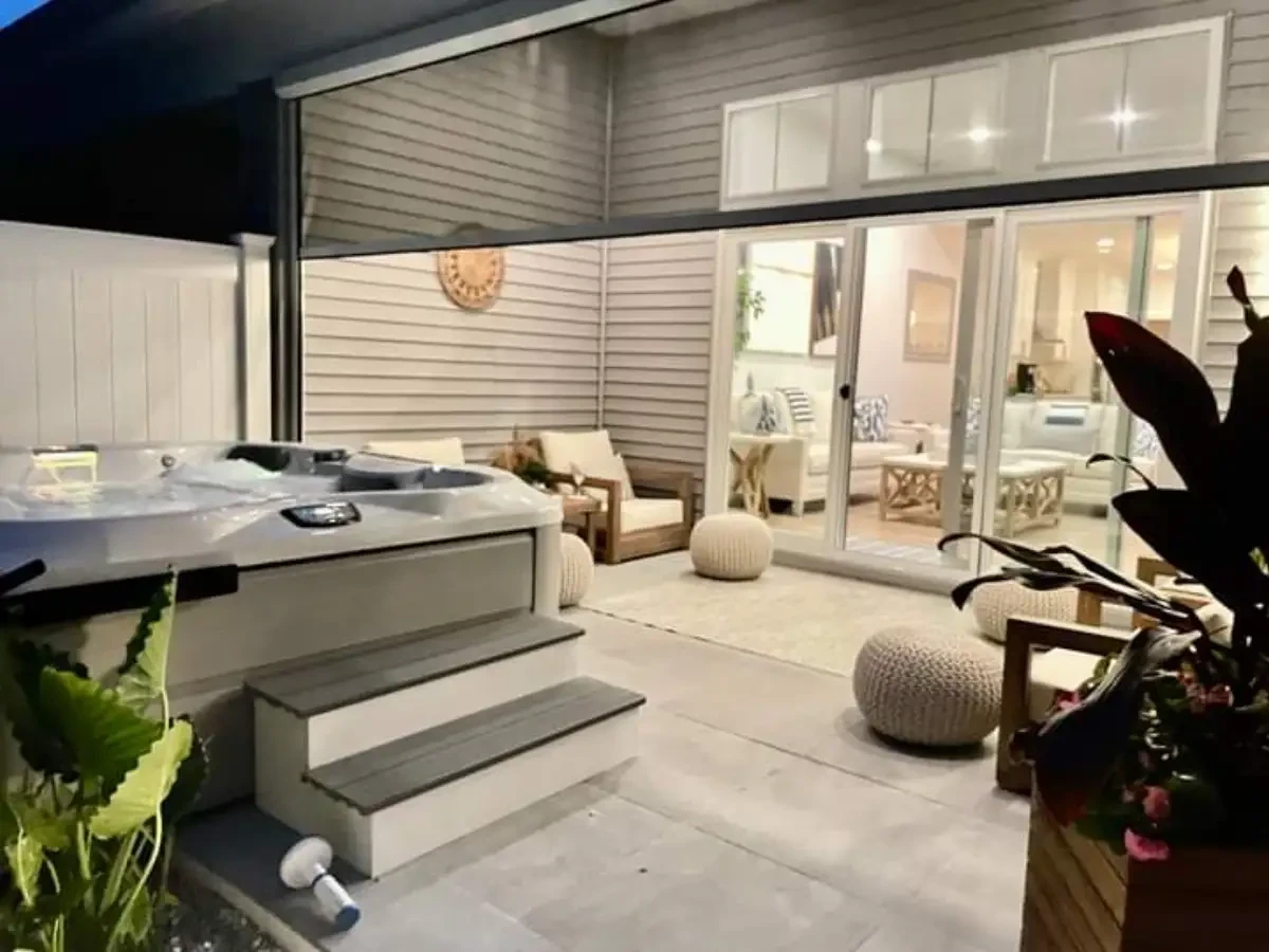 Outdoor lounge and steps with lighting at night